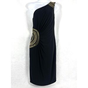 Vintage Cache Dress Women's Large Black Sheath One Shoulder Ruched Studded